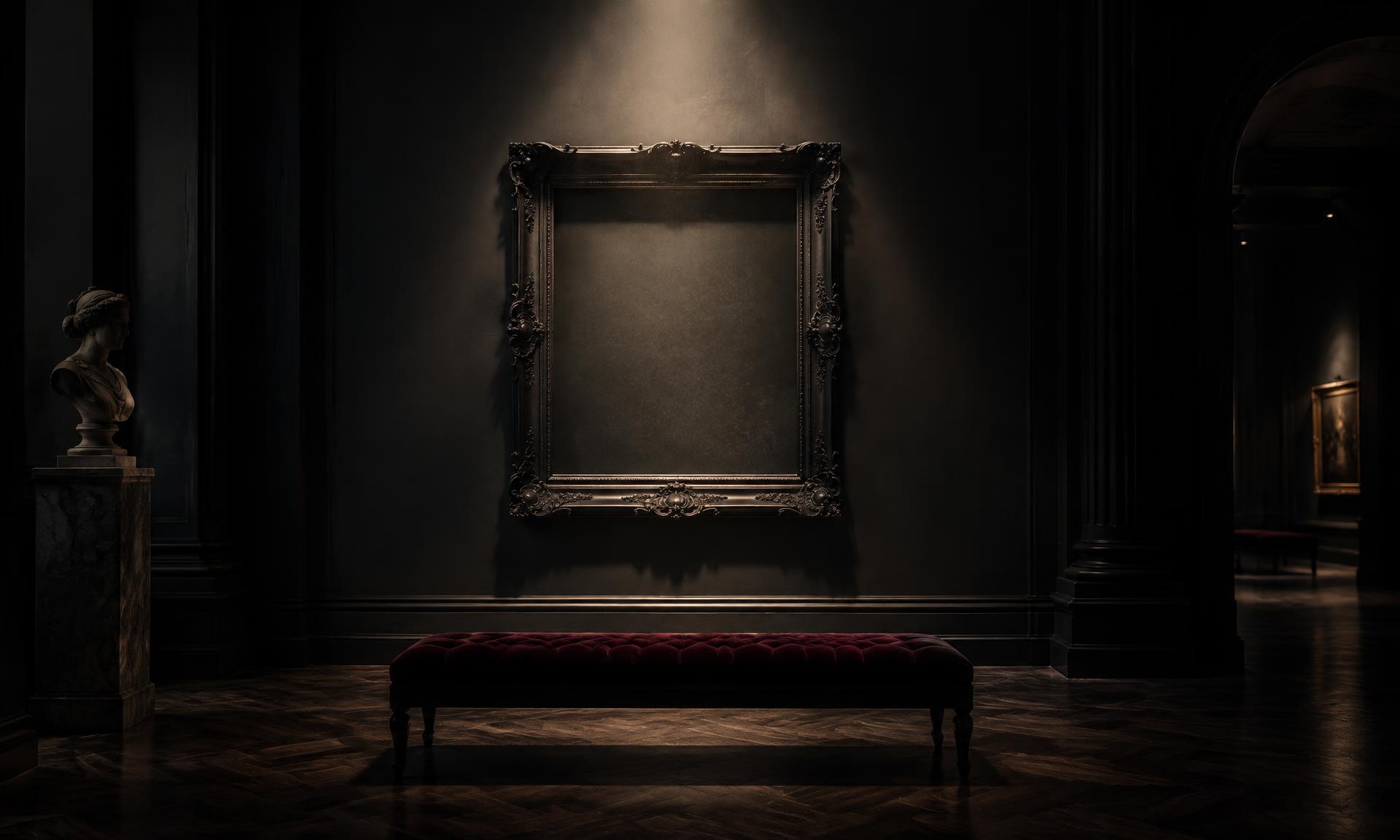 A dim gallery with a single spotlit frame